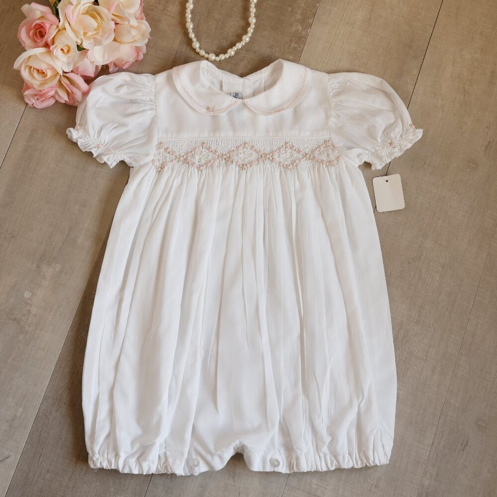 White Smocked Heirloom Romper Bubble Bullion Embroidery Pearls Cotton RARE FIND